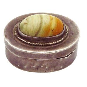 Vintage Sterling Silver Taxco Mexico Agate Cabochon Pill Box